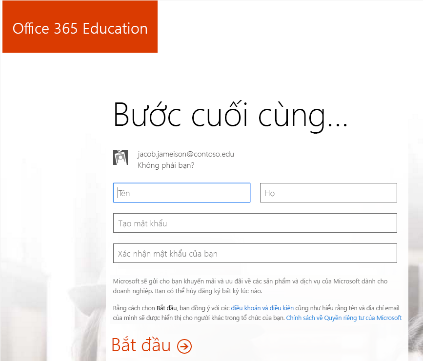 Ảnh chụp màn hình trang tạo mật khẩu cho quy Office 365 đăng ký.