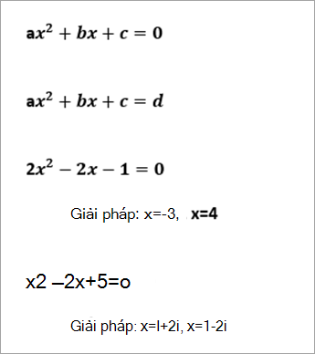 danh sách các phương trình bậc hai ví dụ đọc ax^2+bx+c=0, 2x^2-2x-1=0 solutions x=-3, x=4, x^2+2x+5=0 solutions x=1+2i, x=1-2i