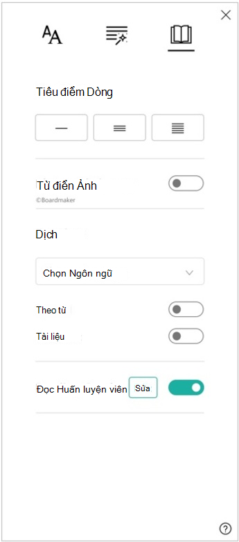 Ảnh chụp màn hình ngăn tùy chọn đọc của bộ đọc chân thực, hiển thị các tùy chọn cho tiêu điểm dòng, từ điển ảnh, bản dịch và Huấn luyện viên Đọc.