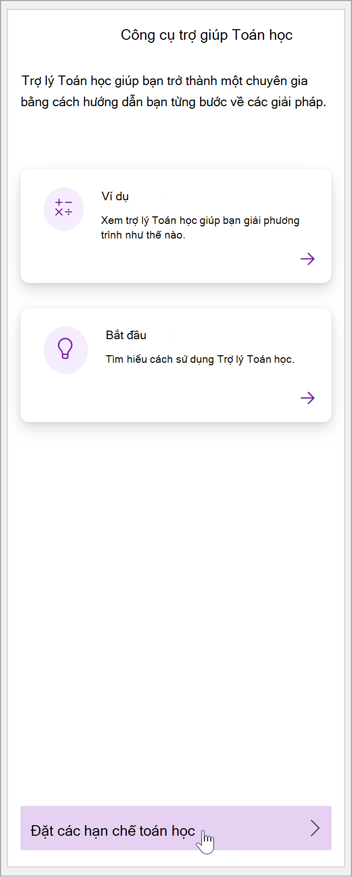 ảnh chụp màn hình ngăn toán học trong OneNote. Con trỏ di chuột qua nút Đặt Hạn chế toán học