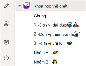 Ảnh chụp màn hình hiển thị danh sách Kênh nhóm lớp.