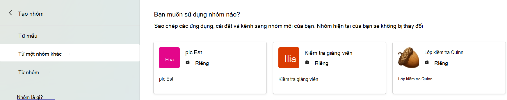 Ảnh chụp màn hình cho thấy chọn một nhóm để sao chép ứng dụng, cài đặt và kênh.