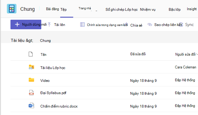 Ảnh chụp màn hình hiển Files tab lớp học hiển thị tài liệu lớp học và tệp dùng chung.