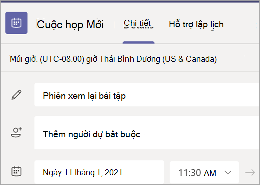 Ảnh chụp màn hình hiển thị Biểu mẫu cuộc họp mới trong Teams với các trường tiêu đề, người dự, ngày tháng và thời gian.