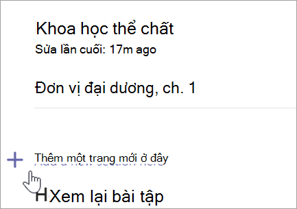 Ảnh chụp màn hình hiển thị trang Sổ tay Lớp học với tùy chọn thêm phần mới.