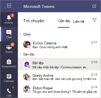 Ảnh chụp màn hình hiển thị các cuộc trò chuyện riêng tư của học viên trong Teams.