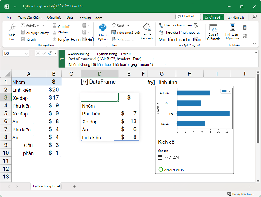 Một sổ làm việc Excel sử dụng Python để phân tích dữ liệu.