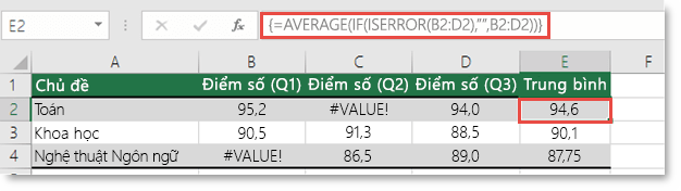 Hàm mảng trong AVERAGE để giải quyết lỗi #VALUE!