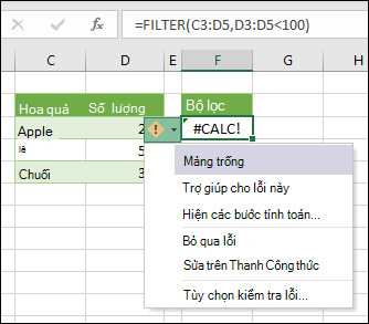 #CALC! lỗi - Mảng trống