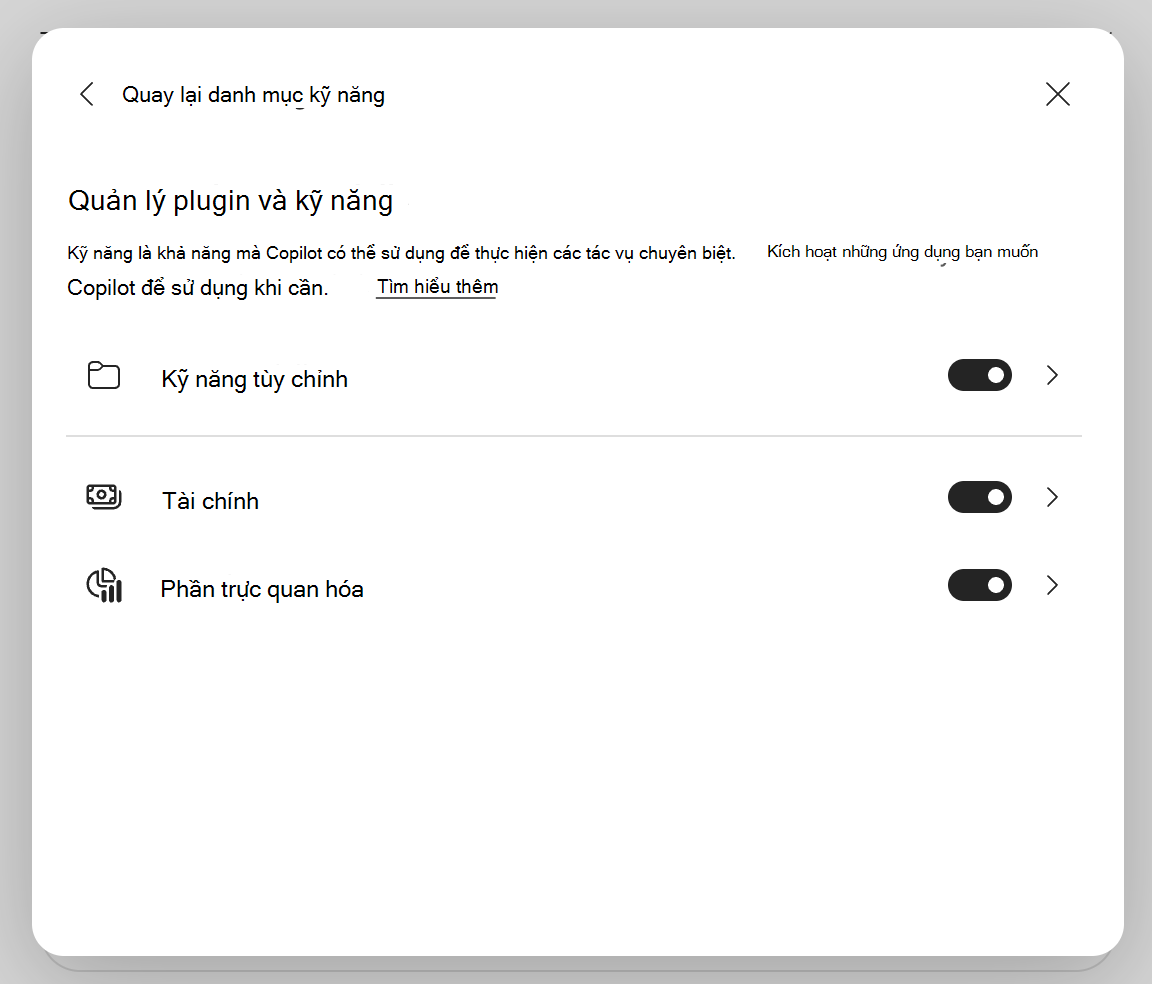 Ảnh chụp màn hình hộp thoại Quản lý plugin & kỹ năng Copilot trong Excel.