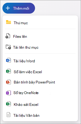 Ảnh chụp màn hình hiển thị OneDrive và các tài liệu Office mà bạn có thể tạo.