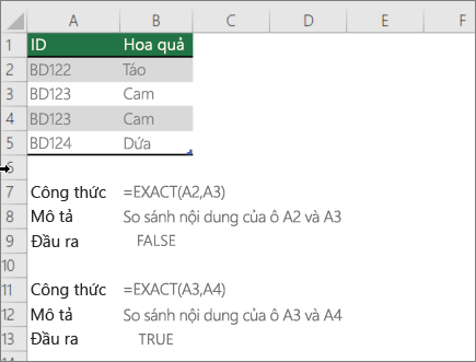 Ví dụ sử dụng hàm EXACT để so sánh ô này với ô khác