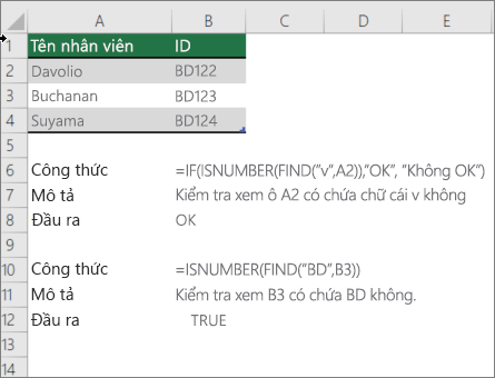 Ví dụ sử dụng hàm IF, ISNUMBER và FIND để kiểm tra xem một phần của ô có khớp với văn bản cụ thể hay không