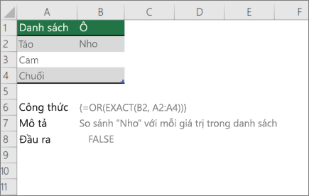 Ví dụ sử dụng hàm OR và EXACT để so sánh một giá trị với danh sách giá trị