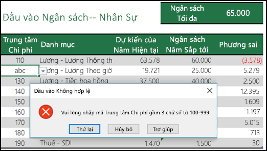 Ví dụ về thông báo nhập không hợp