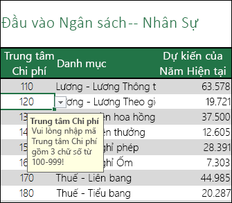 lệ Thông báo nhập hiển thị khi người dùng chọn ô