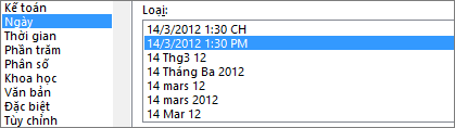 Hộp thoại Định dạng Ô, lệnh Ngày, kiểu 1:30 CH 14/03/2014