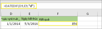 =DATEDIF(D9;E9,d) với kết quả là 856