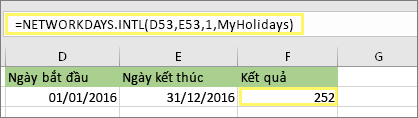 =NETWORKDAYS. INTL(D53,E53,1,MyHolidays) và kết quả: 252