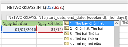 Danh sách Intellisense hiển thị 2 - Chủ nhật, Thứ hai; 3 - Thứ hai, Thứ ba, v.v.