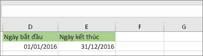 bắt đầu trong ô D53 là 01/01/2016, ngày kết thúc nằm trong ô E53 là 31/12/2016
