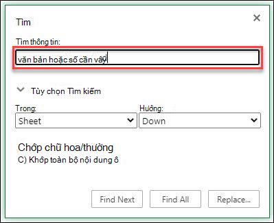 Tìm văn bản hoặc số trong sổ làm việc hoặc trang tính bằng cách nhấn Ctrl+F