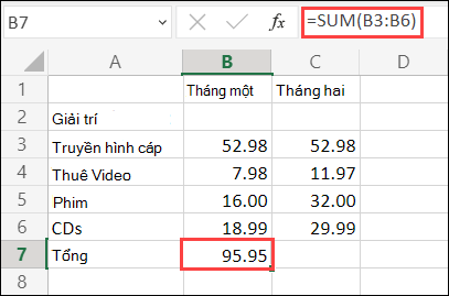 Công thức Tự động Tính tổng trong Excel trên Web