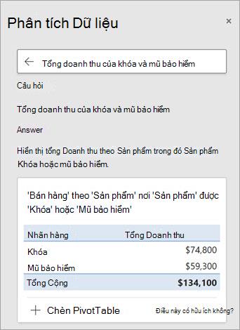 Phân tích dữ liệu trong Excel Trả lời câu hỏi về số lượng Khóa hoặc Mũ bảo hiểm đã được bán.