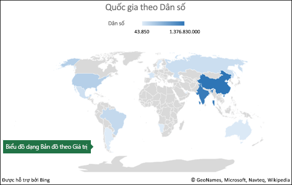đồ dạng Bản đồ trong Excel với dữ liệu Giá trị