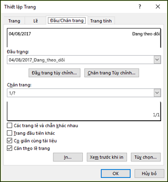 Thiết lập > trang Tùy chọn Đầu trang và Chân trang