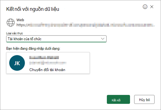 Hiển thị cửa sổ Kết nối với nguồn dữ liệu, kèm theo menu thả xuống để chọn loại xác thực.