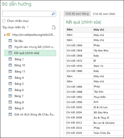 > Power Query Từ Dạng xem > Bảng của Trình dẫn hướng Web