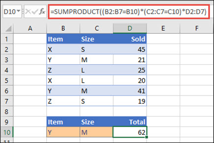 Ví dụ về việc sử dụng hàm SUMPRODUCT để trả về tổng doanh thu khi được cung cấp cùng với tên sản phẩm, kích cỡ và giá trị doanh số riêng lẻ cho từng sản phẩm.