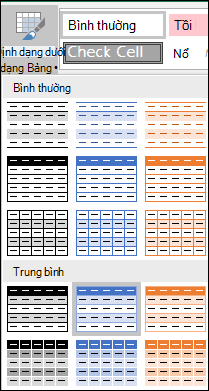 Các lựa chọn trong Thư viện Kiểu Excel cho Định dạng như Bảng