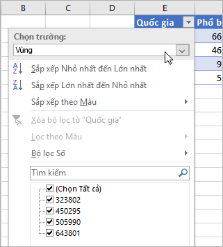 Menu Bộ lọc, menu Hiển thị giá trị, các trường từ kiểu dữ liệu được liên kết được liệt kê