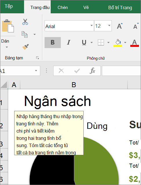 Clip màn hình giao diện người dùng Excel hiển thị hướng dẫn tích hợp sẵn