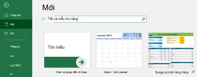 Tab Mới của menu Tệp, với trường tìm kiếm Tìm kiếm mẫu trực tuyến đang được sử dụng