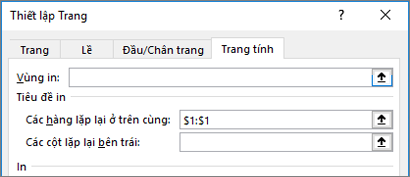 Tab trang tính trong hộp thoại Thiết lập Trang