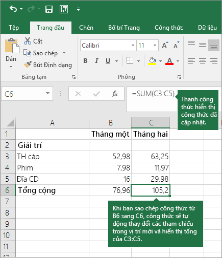 Khi bạn sao chép một công thức, tham chiếu ô sẽ tự động cập nhật
