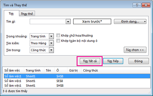 Tìm tất cả các ô đã phối