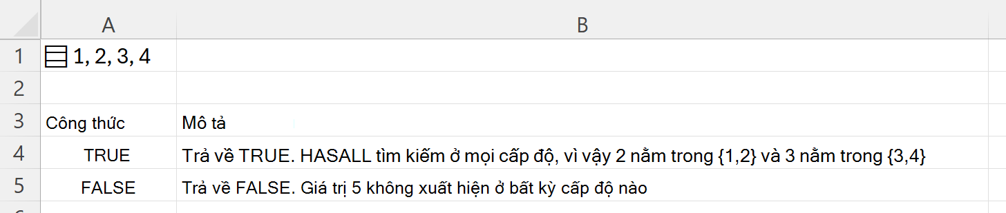 Sử dụng hàm HASALL để tìm kiếm bên trong một mảng lồng nhau được lưu trữ trong một ô đơn lẻ