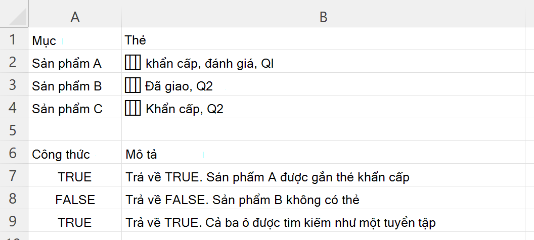 Sử dụng hàm HASANY để kiểm tra xem một ô chứa mảng thẻ lồng nhau có bao gồm bất kỳ thẻ nào trong số các thẻ đã chọn hay không
