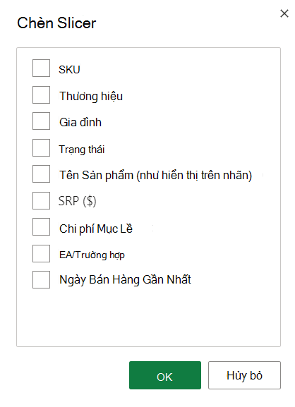 Ảnh chụp màn hình tùy chọn Chèn Slicer.