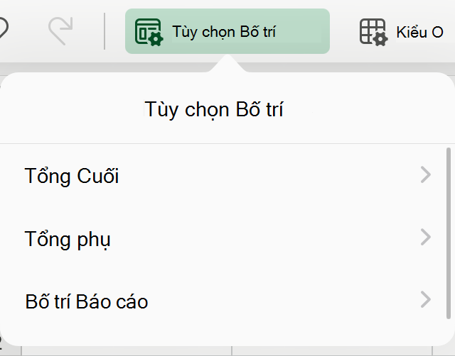 Danh sách thả xuống bố trí PivotTable trên iPad.
