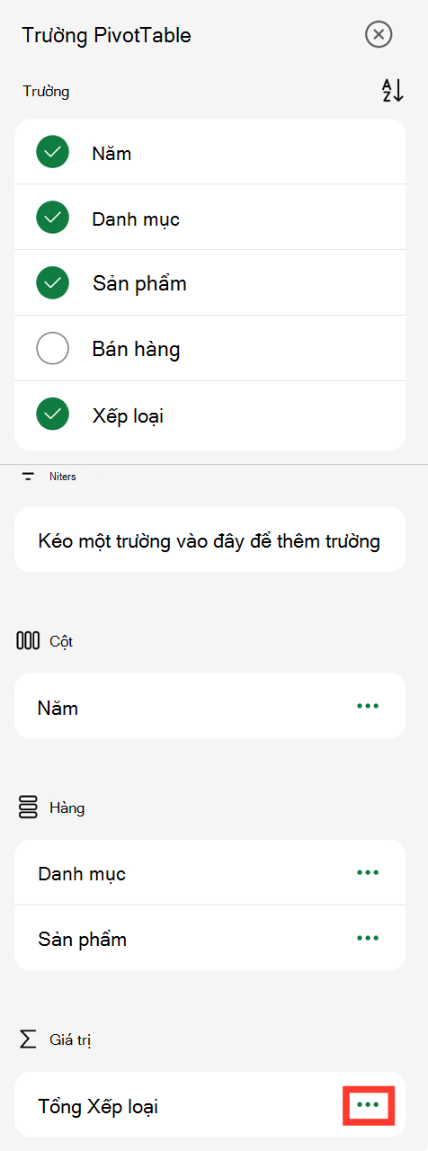 Dấu chấm lửng giá trị trường PivotTable trên iPad