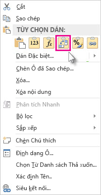 Menu Tùy chọn Dán