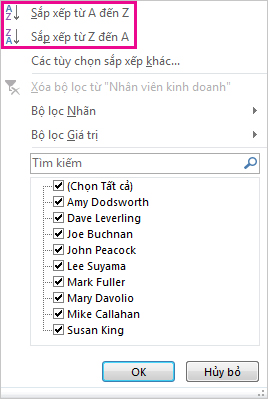 Nút Sắp xếp