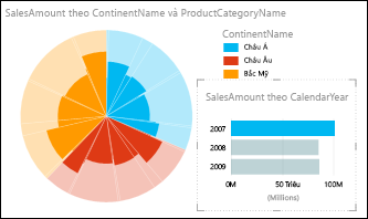 Biểu đồ doanh số bán hàng hình tròn của Power View theo châu lục với dữ liệu năm 2007 được chọn