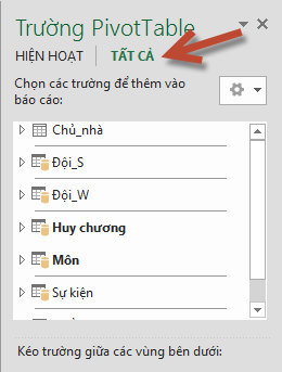 Bấm vào Tất cả trong Trường PivotTable để hiện tất cả các bảng có sẵn