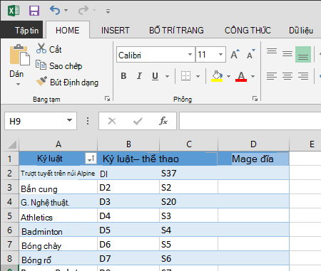 mở rộng bảng trong Excel